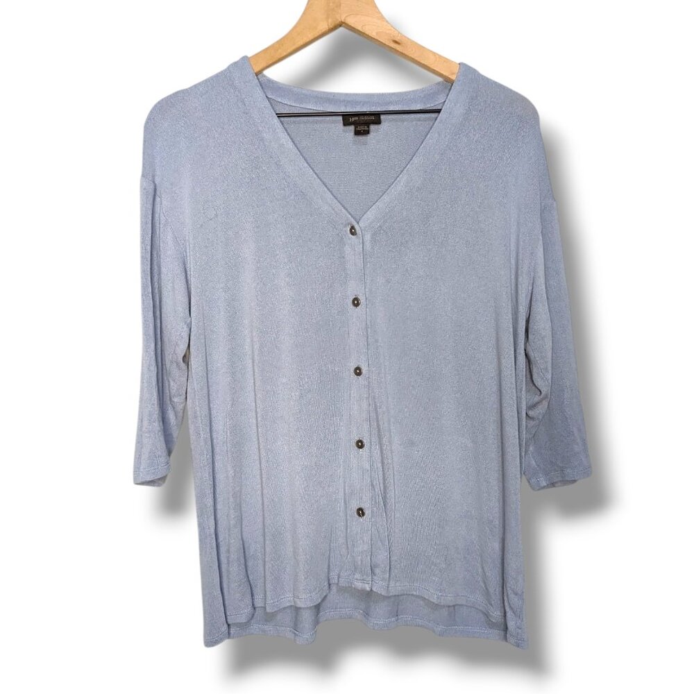 J Jill Wearever Cardigan Small Light Blue Rayon Blend 3/4 Sleeve Button V-Neck